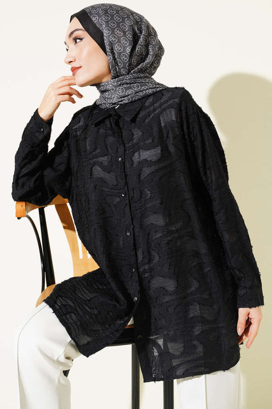 Camicia con dettagli a frange jacquard nera