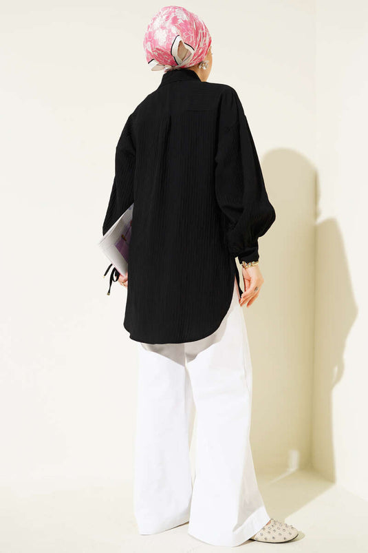 Embossed Striped Basic Shirt Black