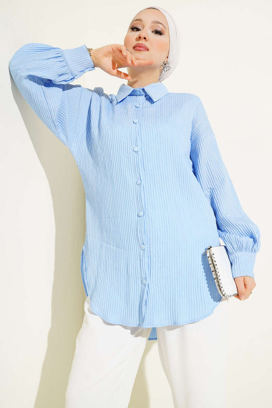 Embossed Striped Wrist String Shirt Baby Blue