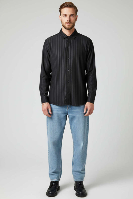 Chemise jacquard rayée en relief pour homme noire