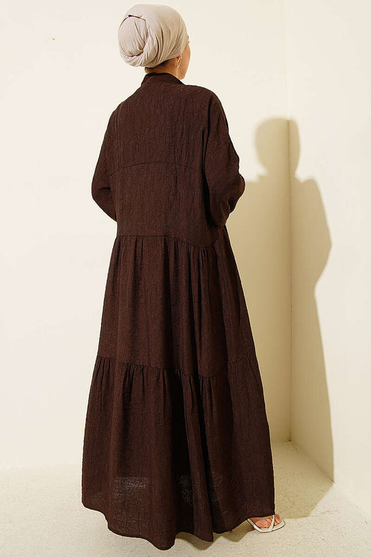 Embossed Pattern Buttoned Layered Dress Bitter Coffee