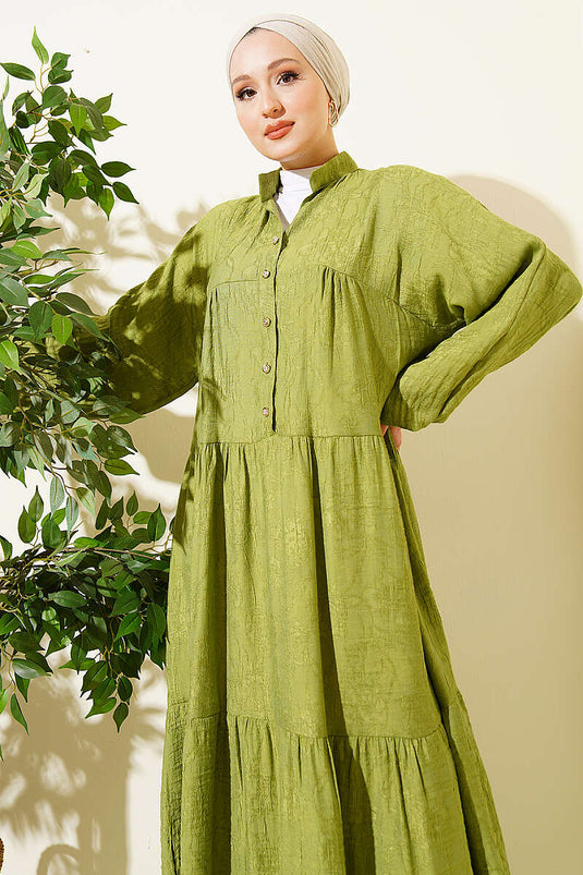 Embossed Pattern Buttoned Layered Dress in Pistachio Green
