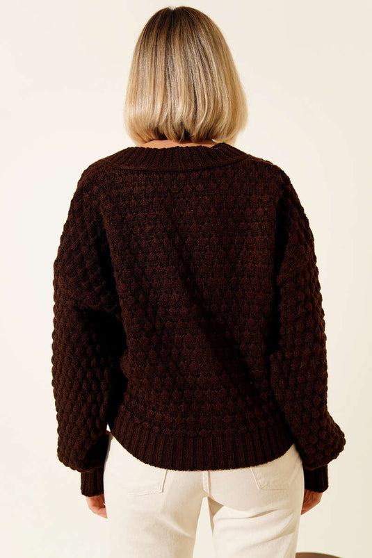 Embossed Pattern Buttoned Short Knit Cardigan, Brown