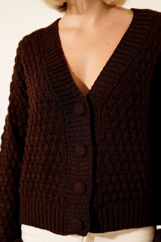 Embossed Pattern Buttoned Short Knit Cardigan, Brown