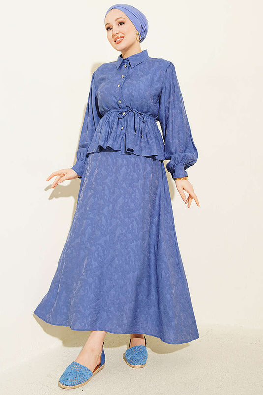 Embossed Pattern Rope Belt Skirt Set Indigo