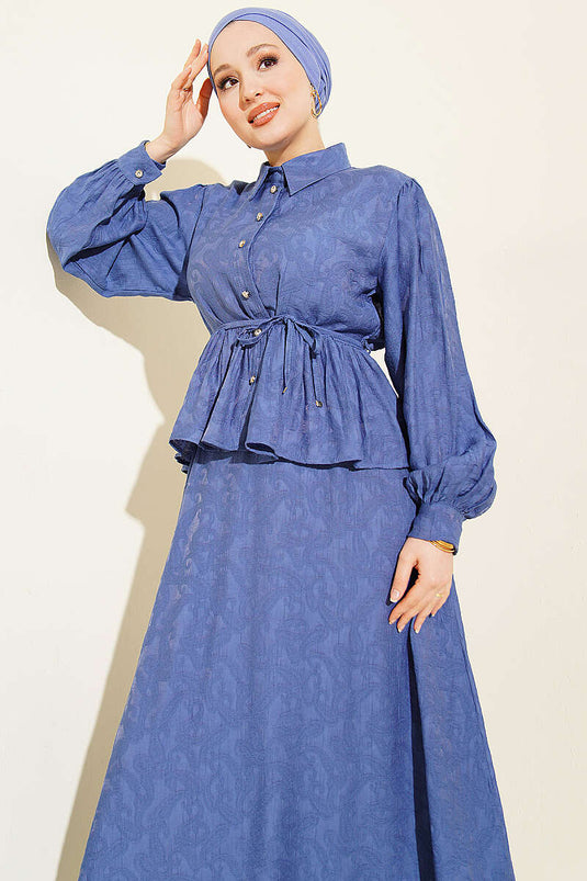 Embossed Pattern Rope Belt Skirt Set Indigo