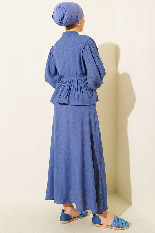 Embossed Pattern Rope Belt Skirt Set Indigo