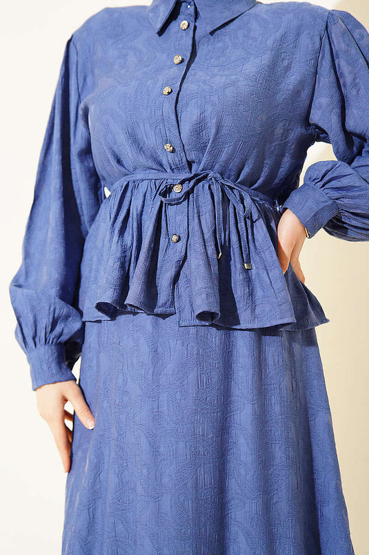 Embossed Pattern Rope Belt Skirt Set Indigo