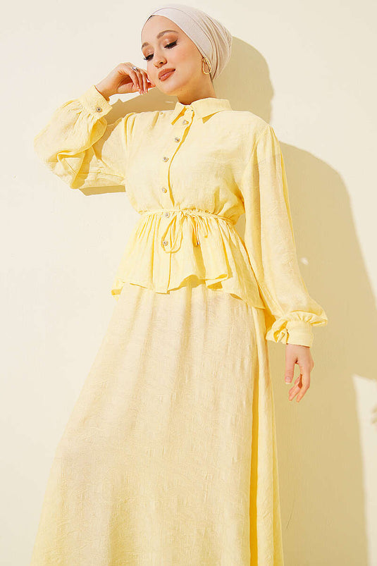 Embossed Pattern Rope Belt Skirt Set Yellow