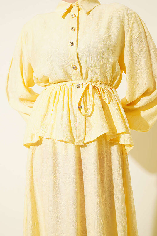 Embossed Pattern Rope Belt Skirt Set Yellow