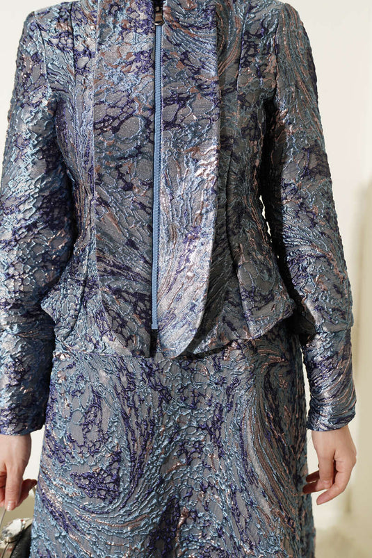 Embossed Pattern Jacquard Skirt Set Navy Blue