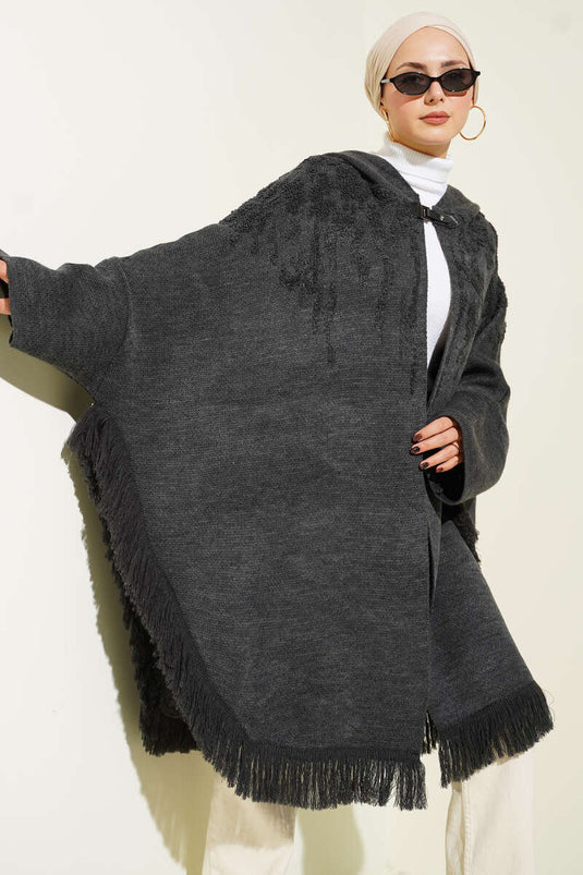 Embossed Pattern Tassel Hooded Poncho, Smoke Grey
