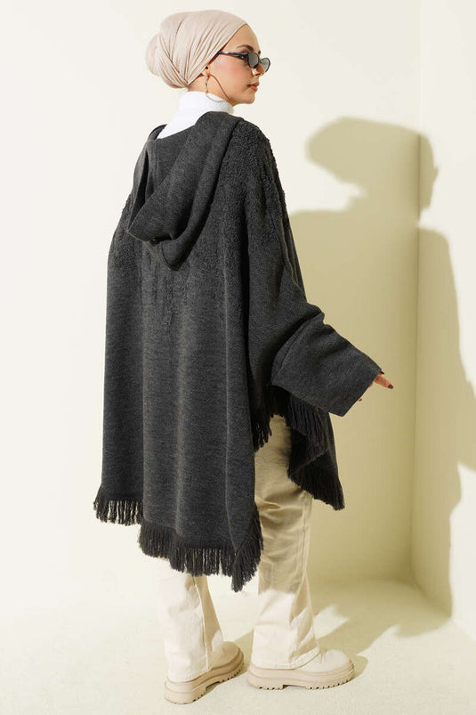 Embossed Pattern Tassel Hooded Poncho, Smoke Grey