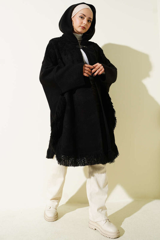Embossed Pattern Tassel Hooded Poncho Black