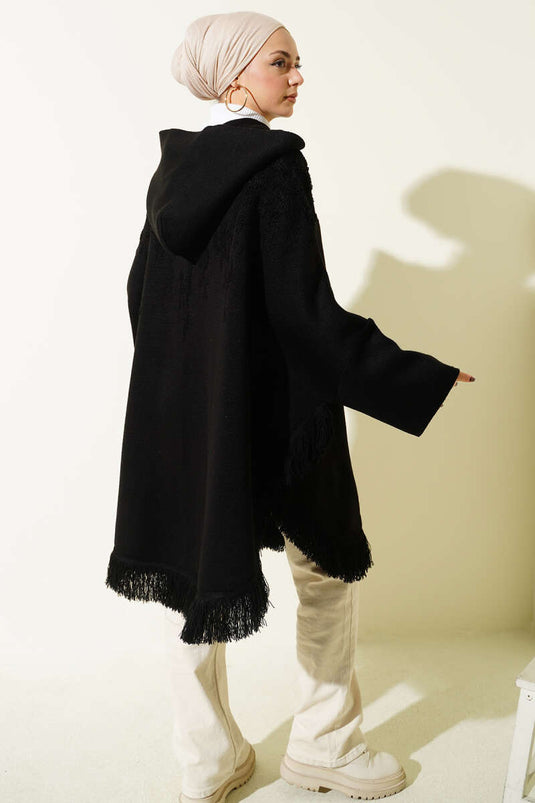 Embossed Pattern Tassel Hooded Poncho Black