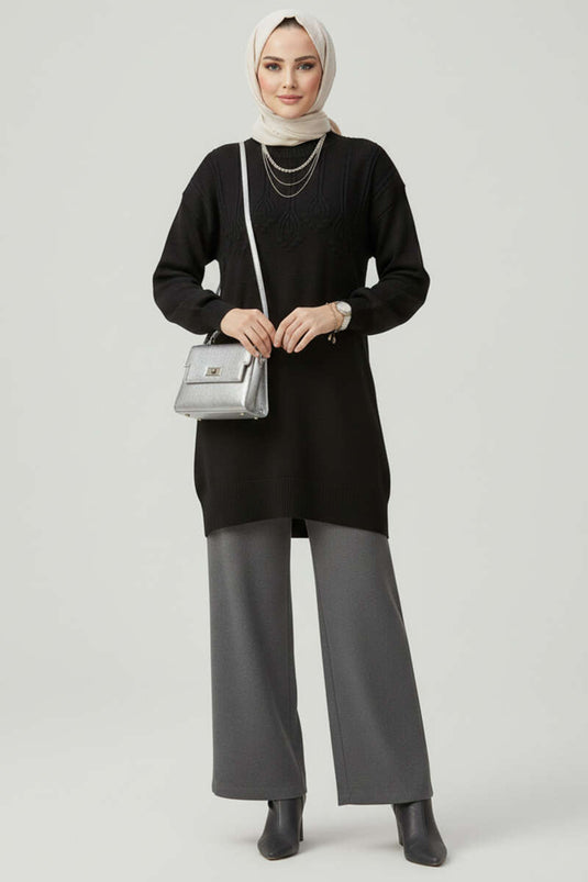 تونيك أسود ناعم محبوك بنقش بارز