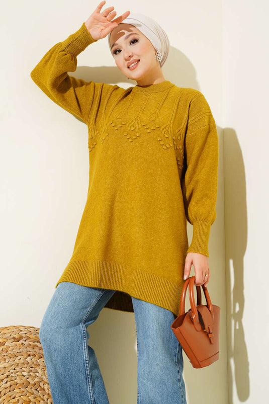 Embossed Pattern Soft Knit Tunic Olive Green