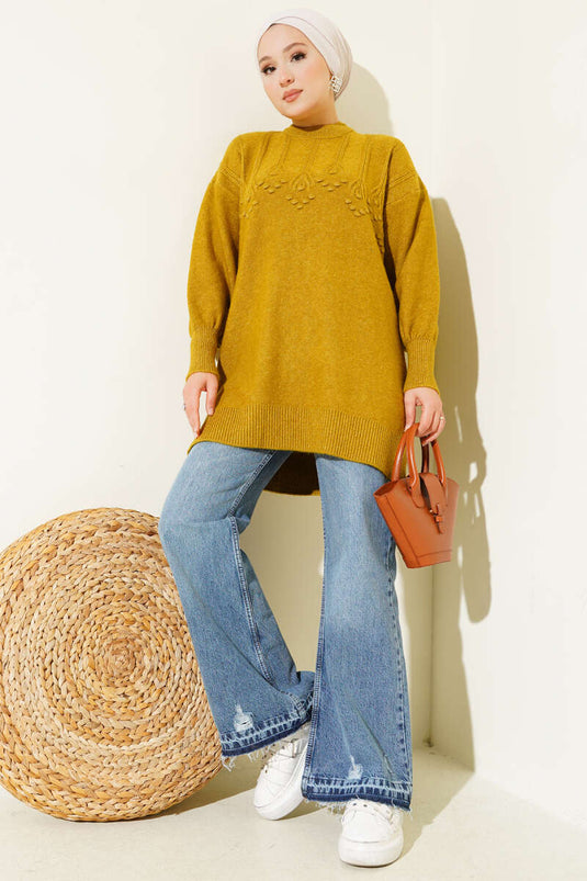 Embossed Pattern Soft Knit Tunic Olive Green