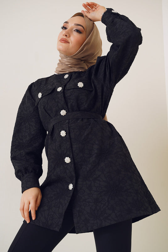 Embossed Patterned Belted Shirt Black