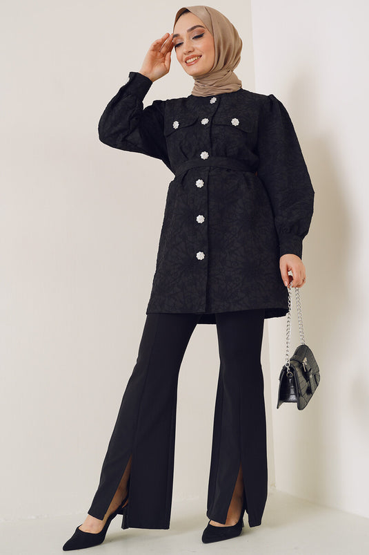 Embossed Patterned Belted Shirt Black