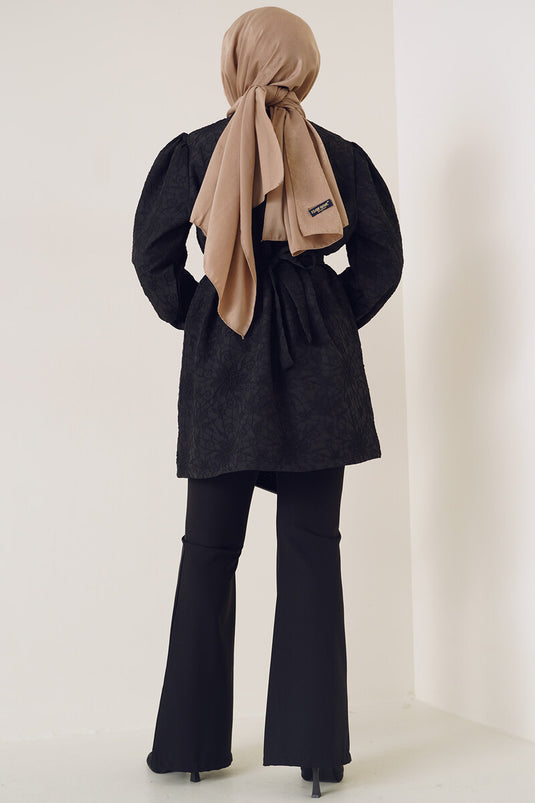 Kabartma Desenli Kuşaklı Gömlek Siyah