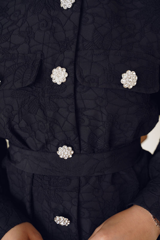 Kabartma Desenli Kuşaklı Gömlek Siyah