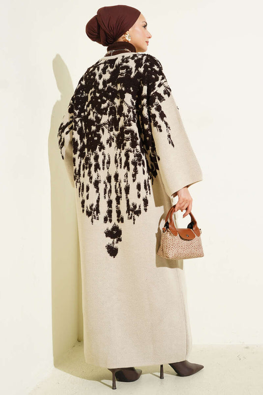 Kabartma Desenli Triko Uzun Hırka Acı Kahve