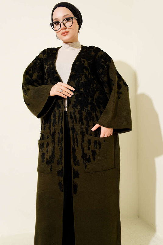 Embossed Patterned Knitwear Long Cardigan Khaki
