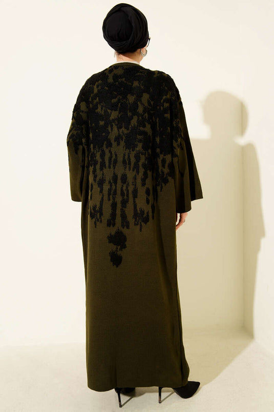 Embossed Patterned Knitwear Long Cardigan Khaki