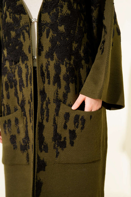 Embossed Patterned Knitwear Long Cardigan Khaki