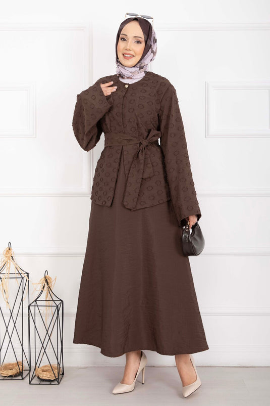 Embossed Textured Belted Skirt Set Brown