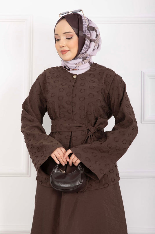 Embossed Textured Belted Skirt Set Brown