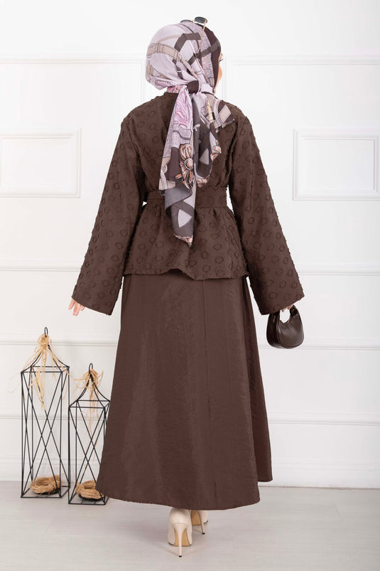 Embossed Textured Belted Skirt Set Brown