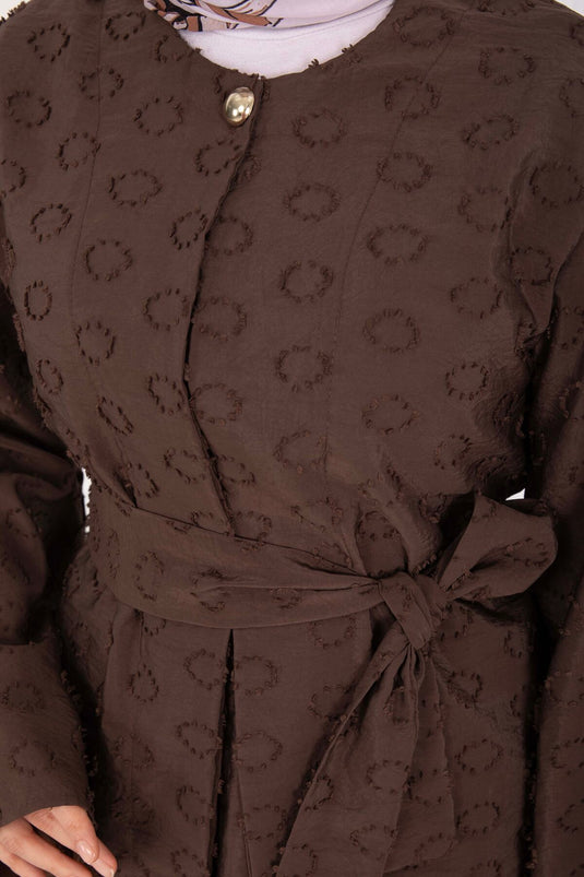 Embossed Textured Belted Skirt Set Brown