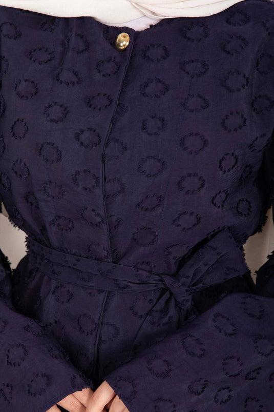Embossed Textured Belted Skirt Set Navy Blue