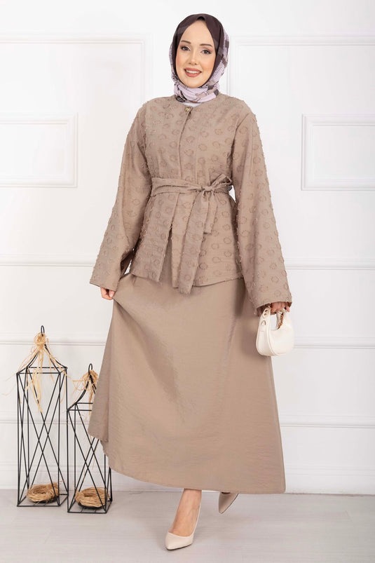 Embossed Textured Belted Skirt Set Mink