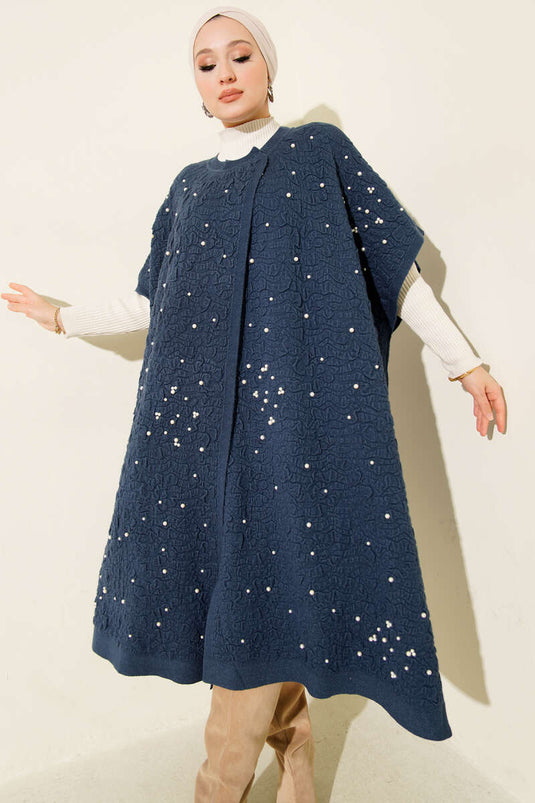 بونشو لؤلؤي منقوش أزرق داكن