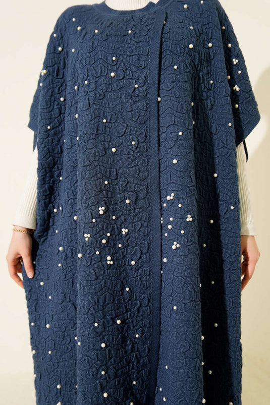 بونشو لؤلؤي منقوش أزرق داكن