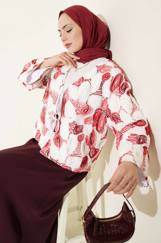 Kabartma Nakışlı Bağcıklı Kimono Bordo