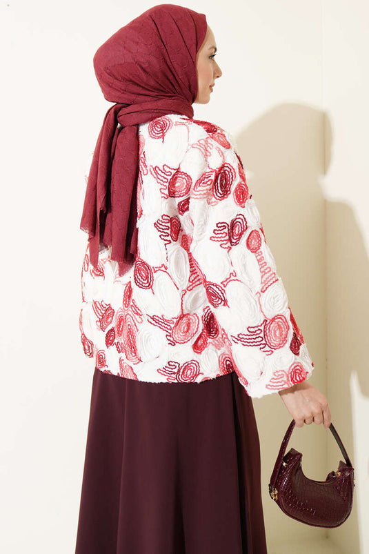 Embossed Embroidered Drawstring Kimono Burgundy