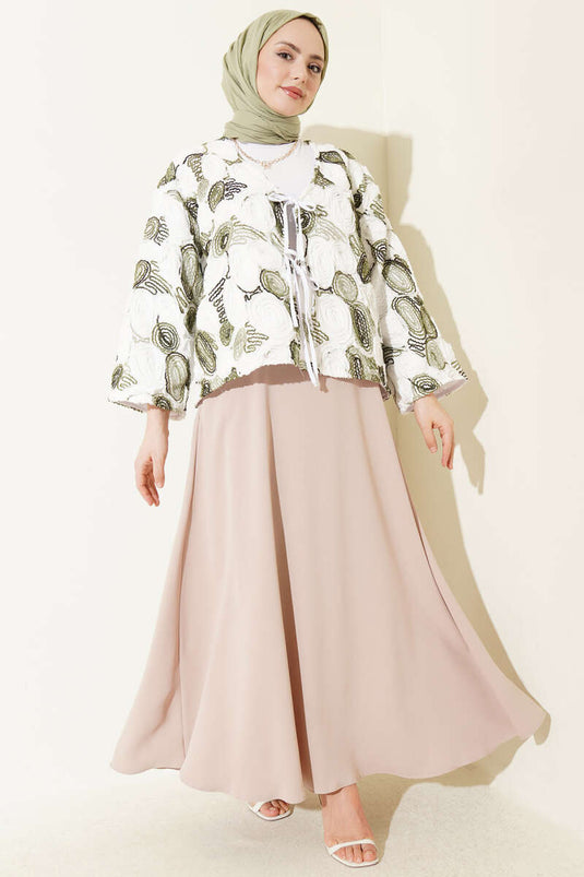 Kabartma Nakışlı Bağcıklı Kimono Haki