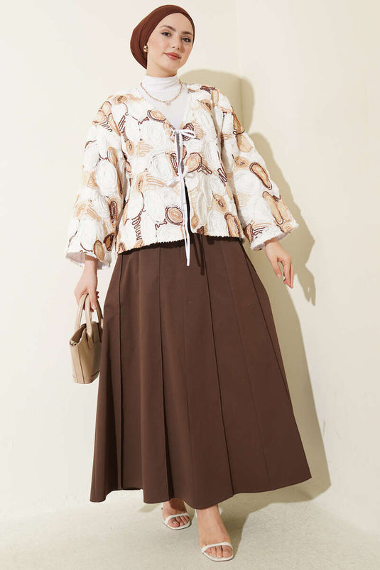 Embossed Embroidered Drawstring Kimono Coffee