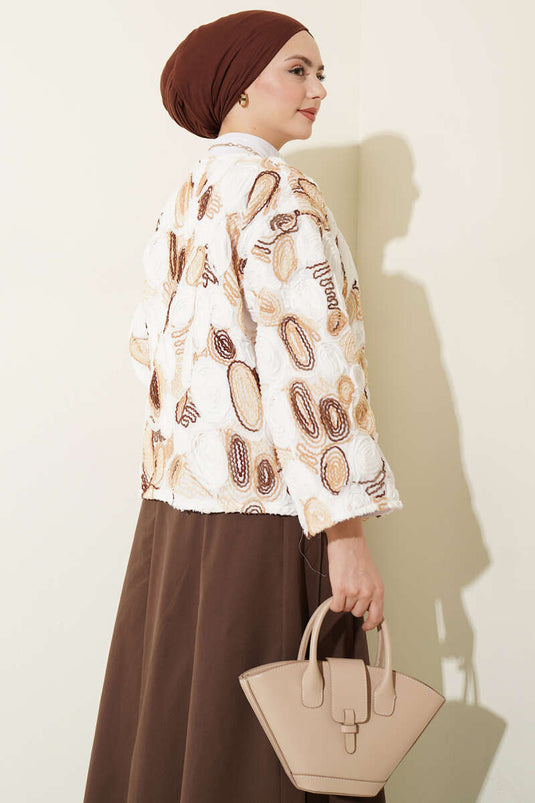 Embossed Embroidered Drawstring Kimono Coffee