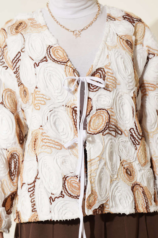 Kimono à cordon avec broderie en relief, couleur café