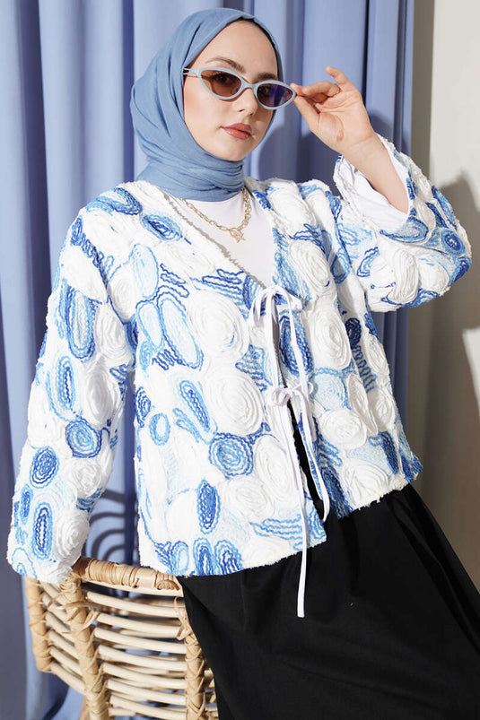 Kabartma Nakışlı Bağcıklı Kimono Mavi