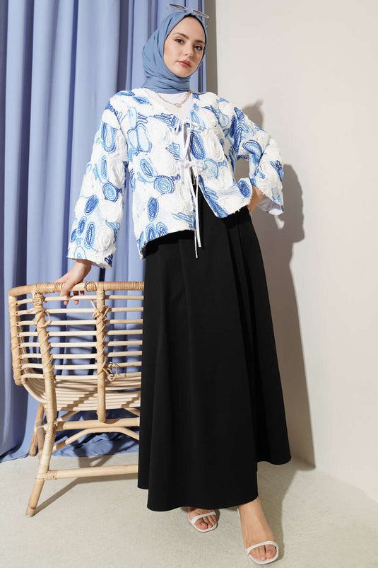 Kabartma Nakışlı Bağcıklı Kimono Mavi
