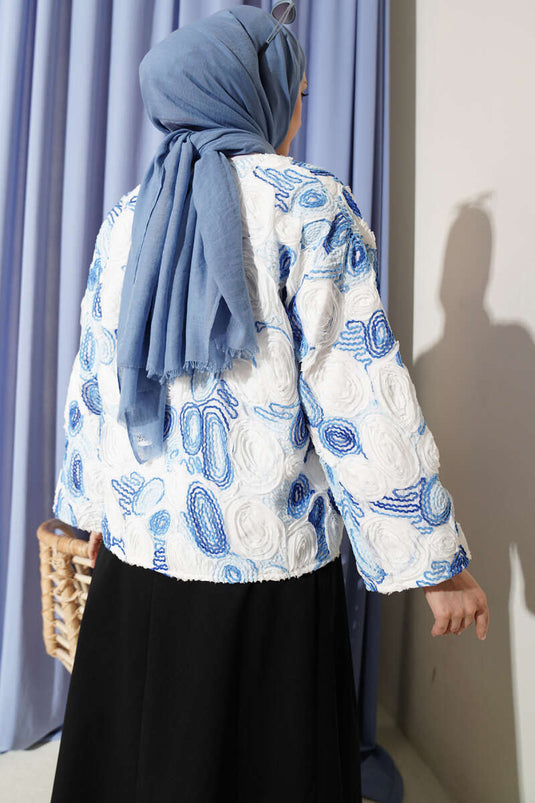 Kabartma Nakışlı Bağcıklı Kimono Mavi
