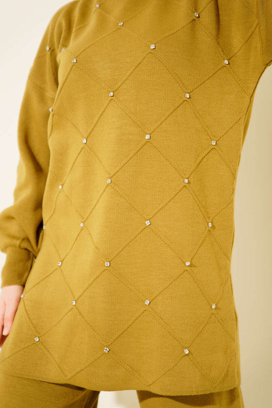 Kabartma Şeritli Taşlı Triko İkili Takım Yağ Yeşili