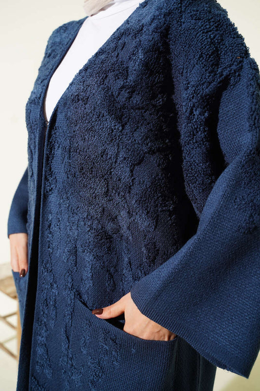 كارديجان طويل محبوك بجيوب منقوشة، لون نيلي