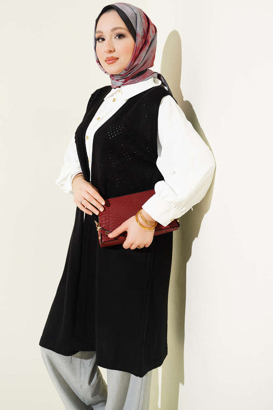 Gilet Lungo in Maglia con Rilievo Nero